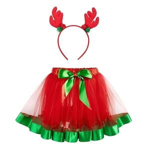 Reindeer Costume 5-8 Yrs Red & Green Tutu with Antler Headband